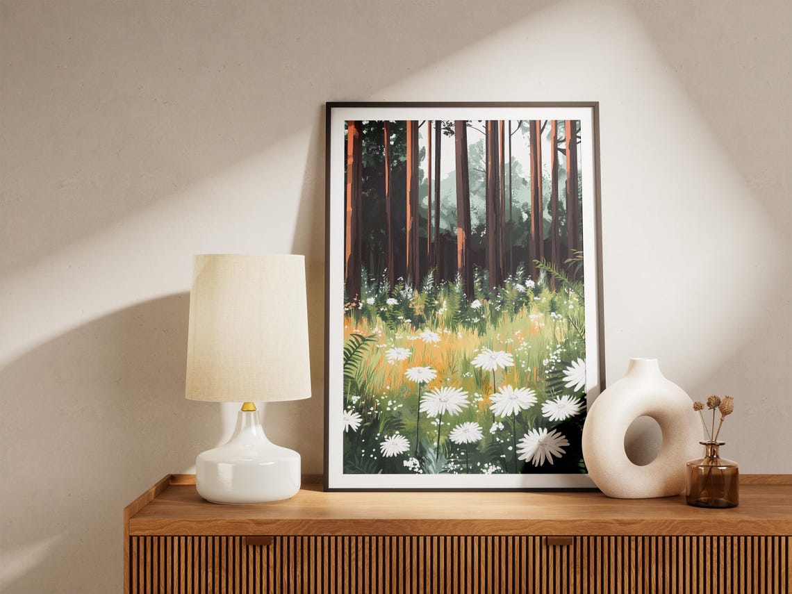White Daisies In Meadow Under Tall Dark Pine Trees Art Poster - Image 5