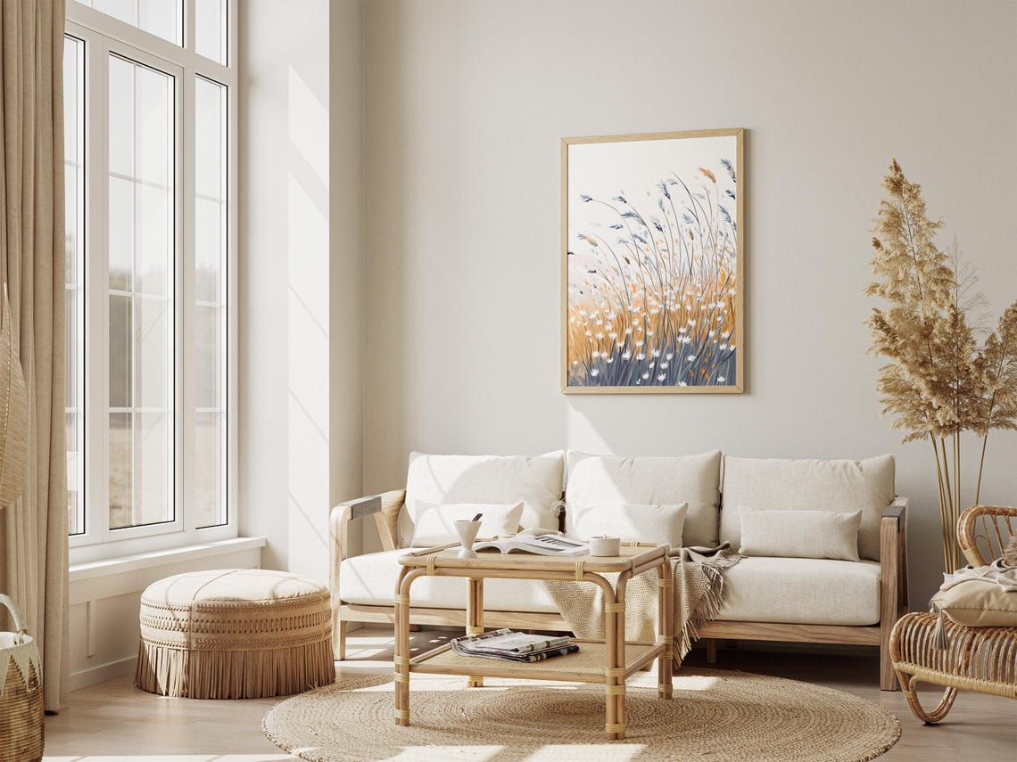 Minimalist White Wildflower Watercolor Poster in Blue and Gold - Image 4
