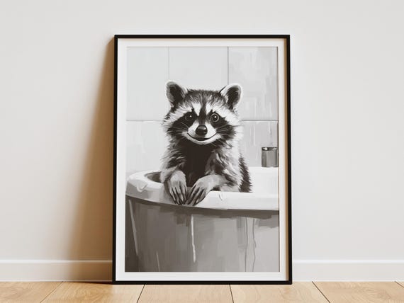 Raccoon Bathtub Poster Animal Art Print Funny Bathroom Decor Minimalist Wall Cute Washroom Sign Home