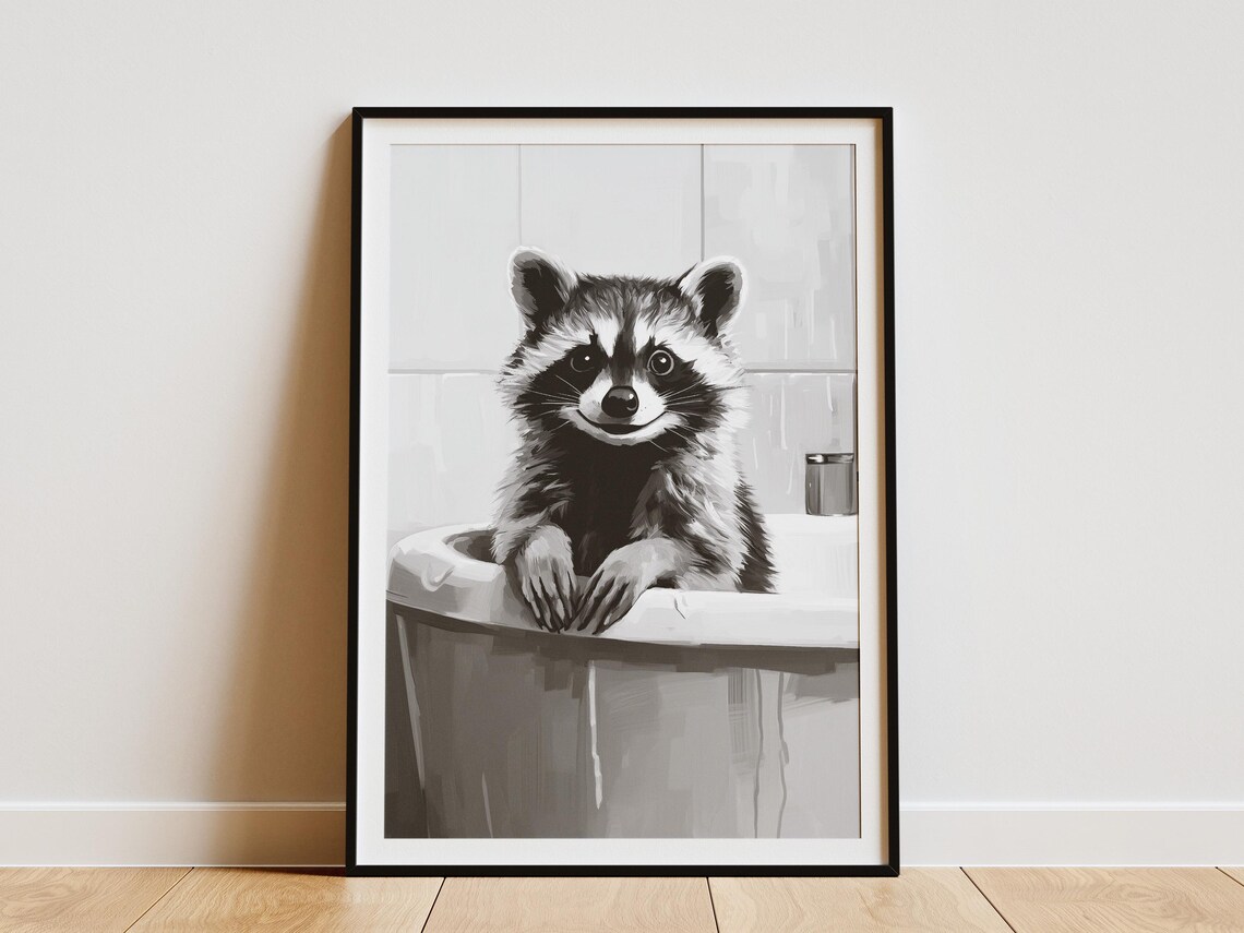 Baby Raccoon in Bathtub Minimalist Black and White Animal Poster