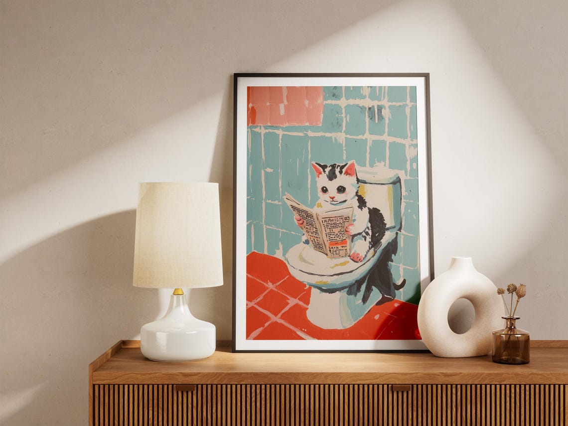 Kitten Reading Newspaper on Toilet Funny Bathroom Art Poster - Image 4