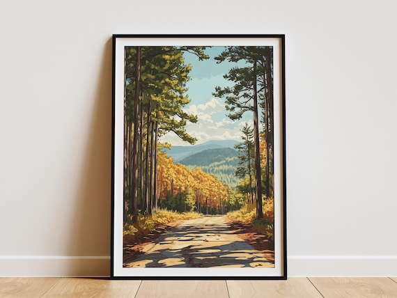Forest Road Through Autumn Pines Vintage Travel Decor Poster
