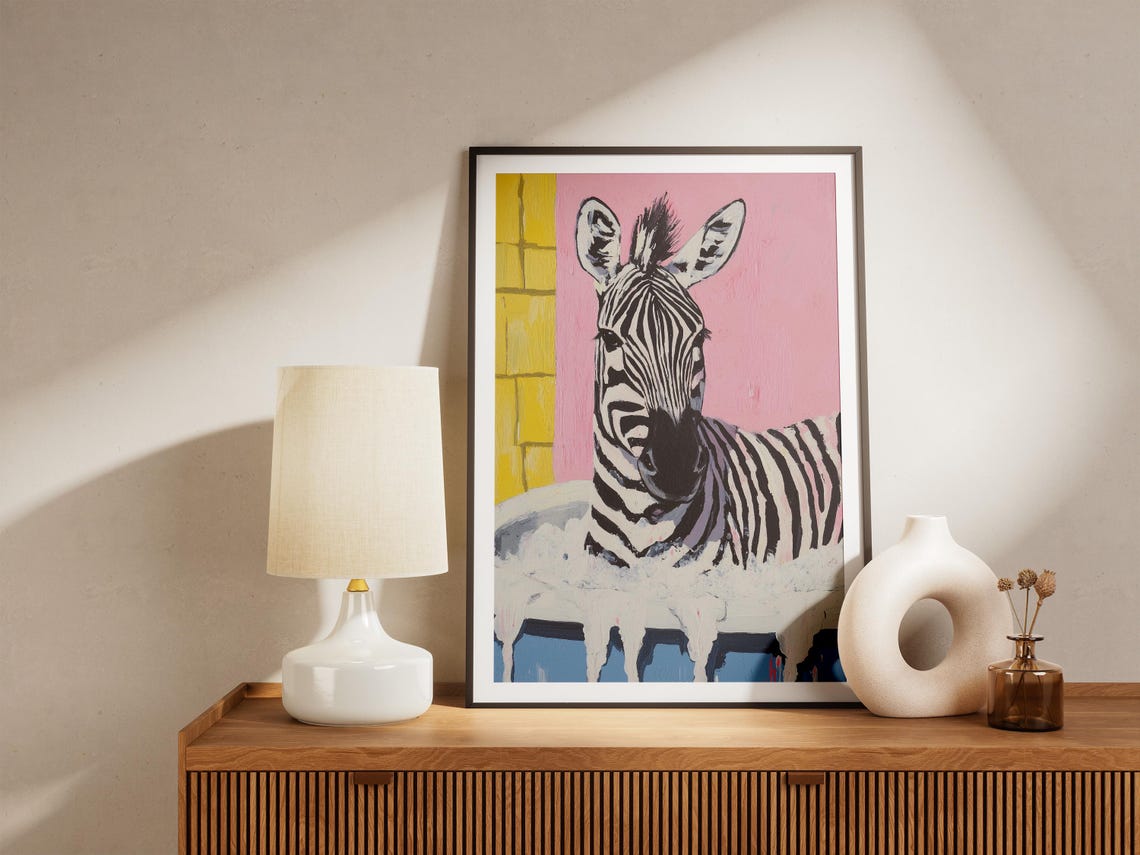 Playful Zebra Relaxing In Bubble Bath Pink Yellow Bathroom Poster - Image 5