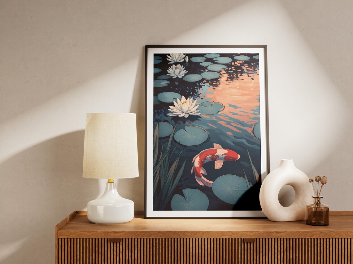 Red Koi Fish and Lotus Flowers Pond Japanese Sunset Art Poster - Image 5