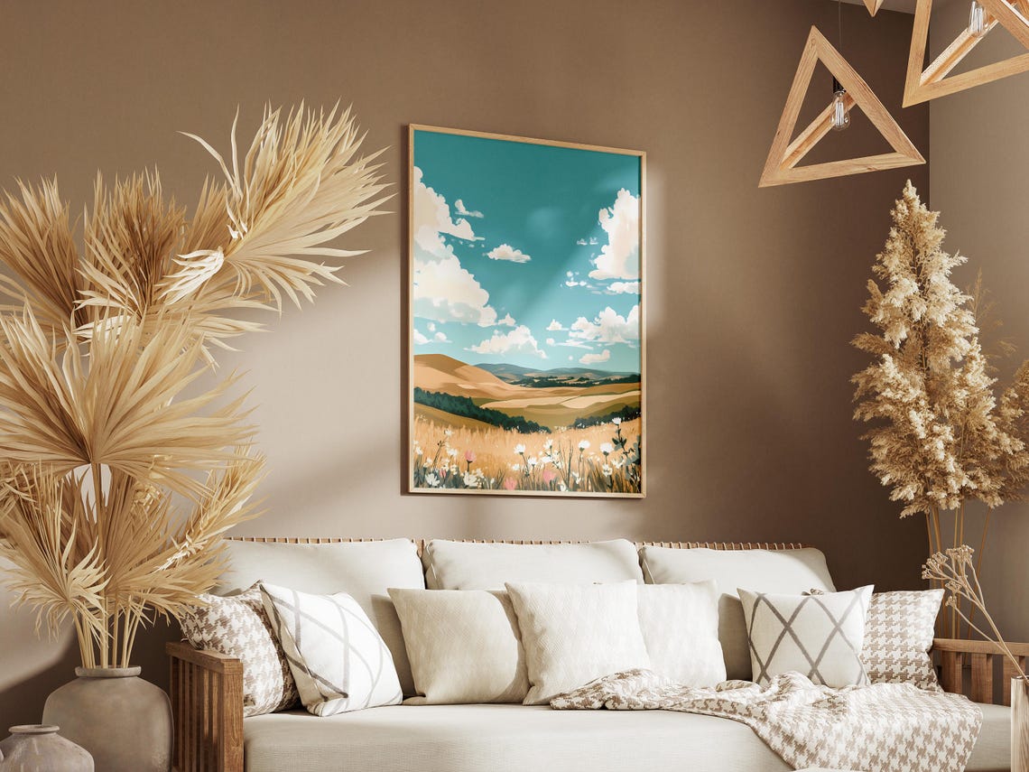 Golden Wheat Fields Under Big Clouds Summer Landscape Art Poster - Image 3