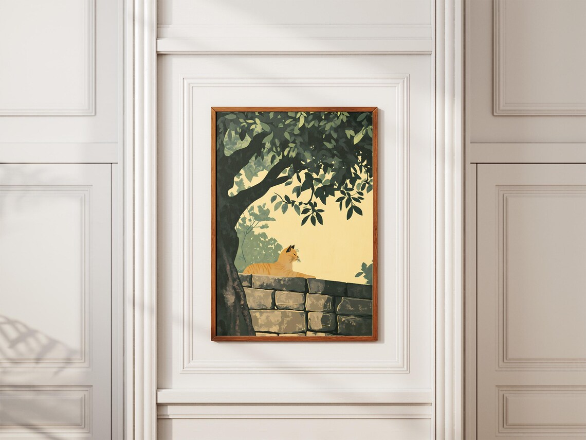 Orange Tabby Cat Resting on Stone Wall Under Leafy Tree Warm Art Poster - Image 2