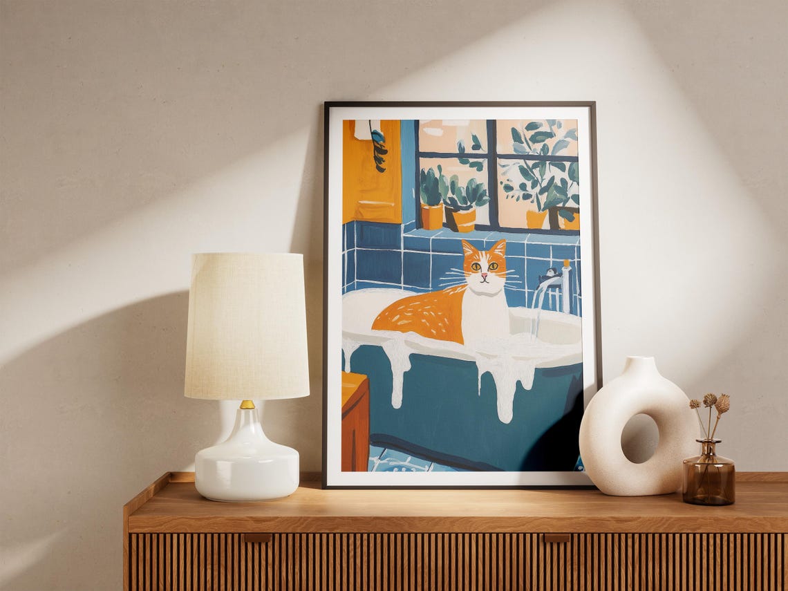 Orange Cat in Bubble Bath Blue Bathroom Funny Cat Portrait Poster - Image 5