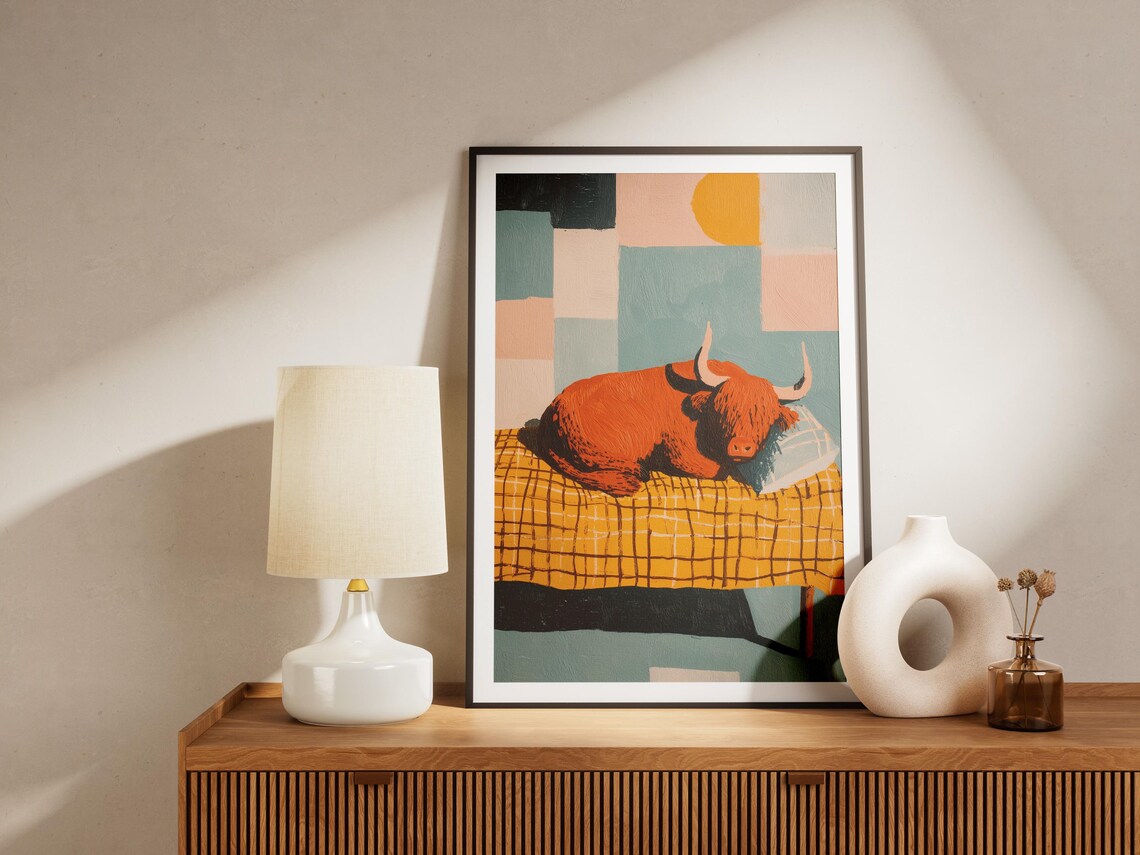 Highland Cow Resting on a Checkered Bed With Geometric Pastel Art Poster - Image 4