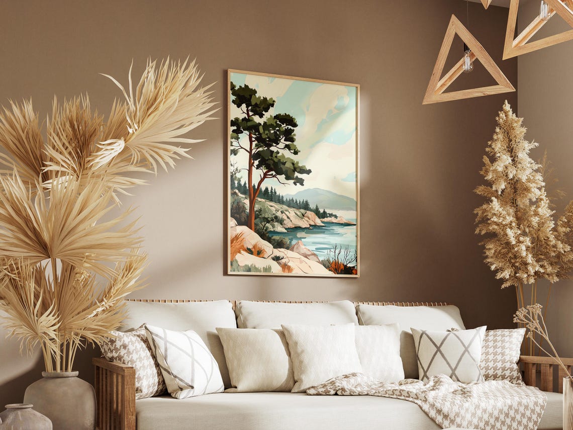 Tall Pine Tree Rocky Coast Calm Blue Water Mountain View Art Poster - Image 3