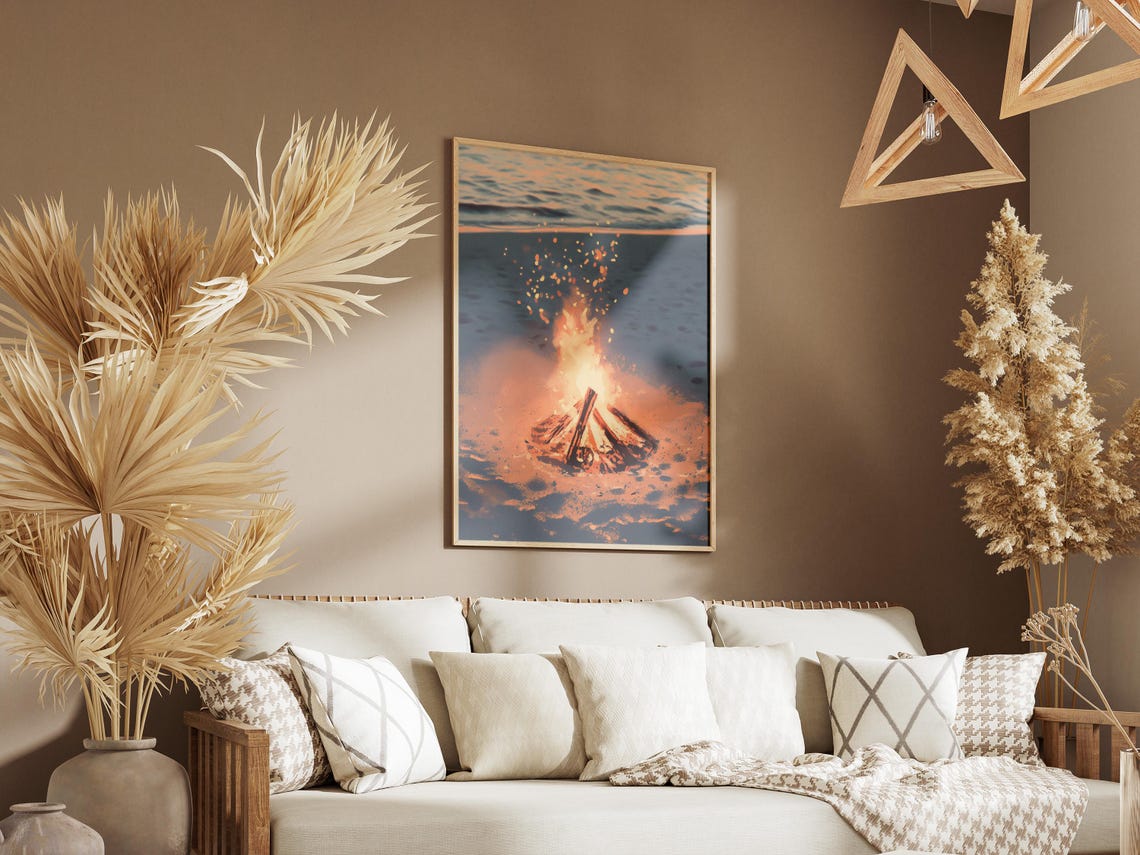 Beach Bonfire Glowing Warmly at Dusk by the Ocean Shore Poster - Image 3