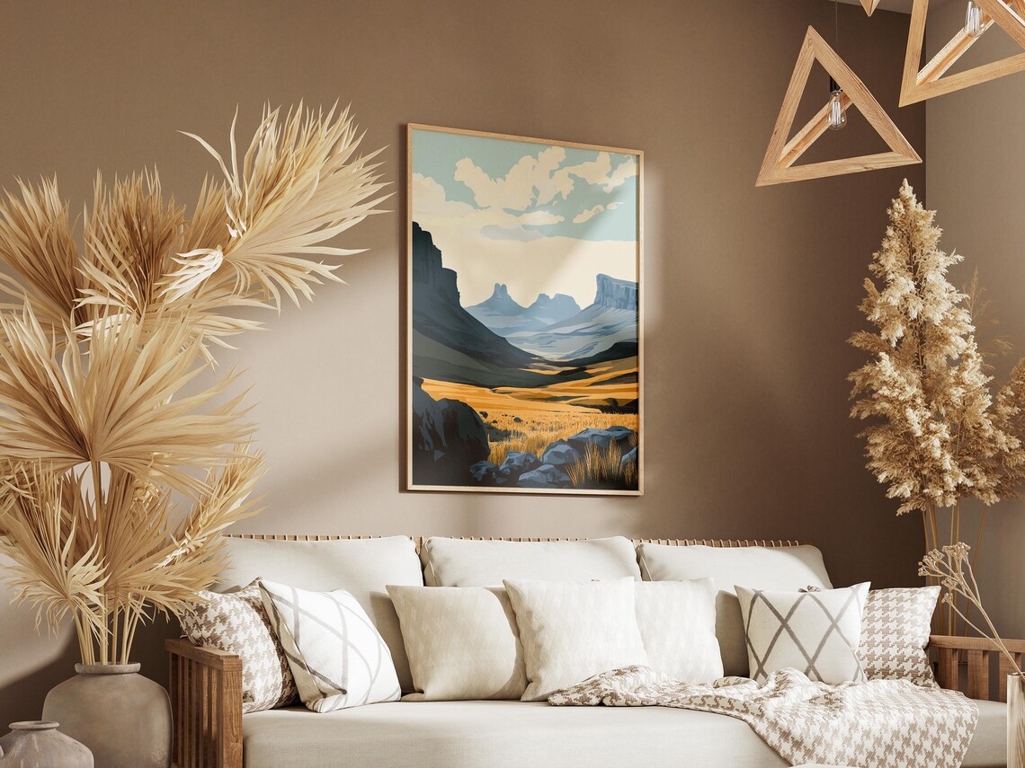 Drakensberg Mountains Golden Valley Flat Illustration Travel Poster - Image 3