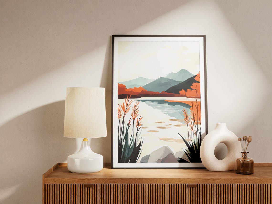 Abstract Mountain Lake With Orange Reeds Modern Nature Poster - Image 5