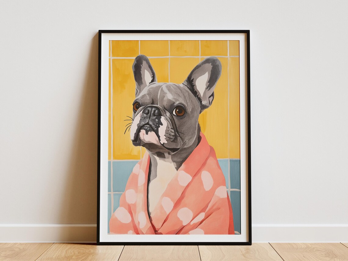 Adorable French Bulldog In Coral Polka Dot Bathrobe Dog Poster