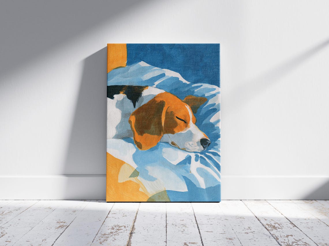 Beagle Sleeping on Blue Bedding Gouache Painting Cozy Dog Art Poster - Image 2