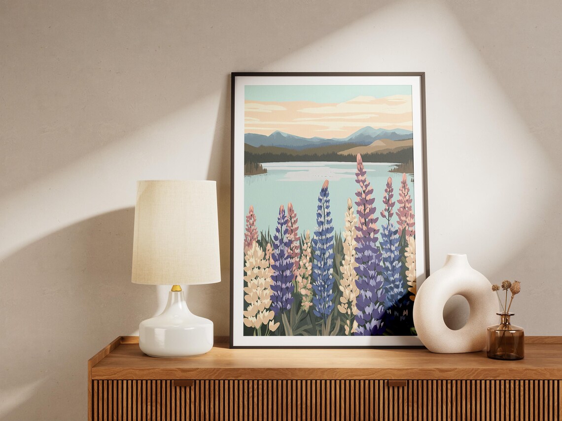 Blue Purple Lupine Flowers by a Calm Mountain Lake Art Poster - Image 5