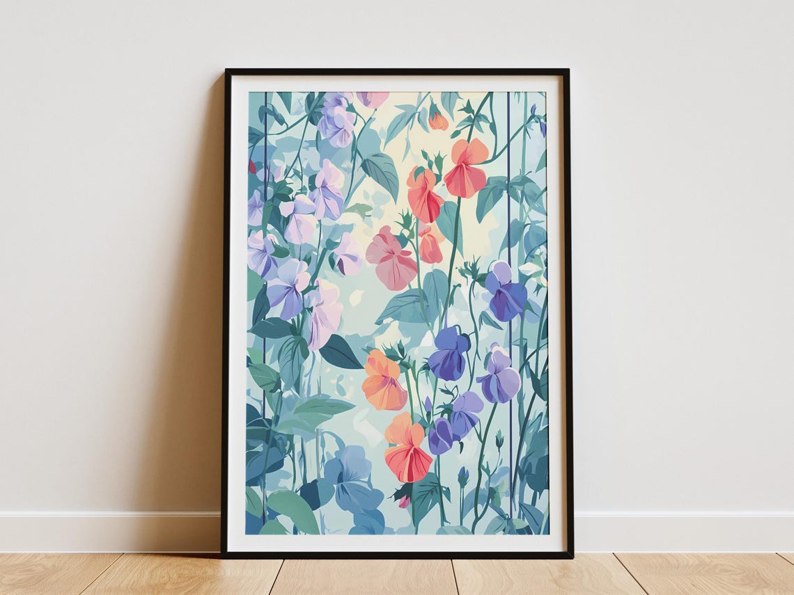 Pastel Sweet Pea Flowers Climbing a Garden Trellis Art Poster