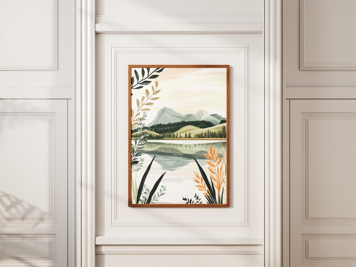 Botanical Lake Reeds Misty Mountains Serene Nature Art Poster - Image 2