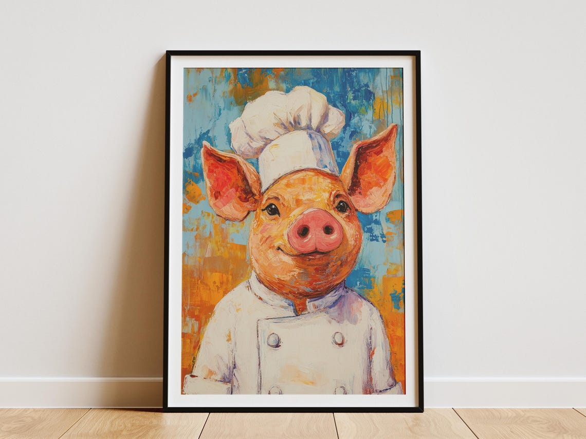 Pig Chef Oil Painting Whimsical Funny Kitchen Decor Sunny Poster