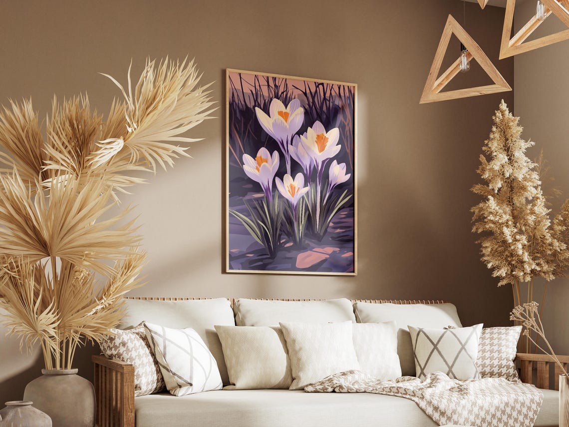 White Crocus Flowers in Purple Twilight Poster of Early Spring Bloom - Image 3