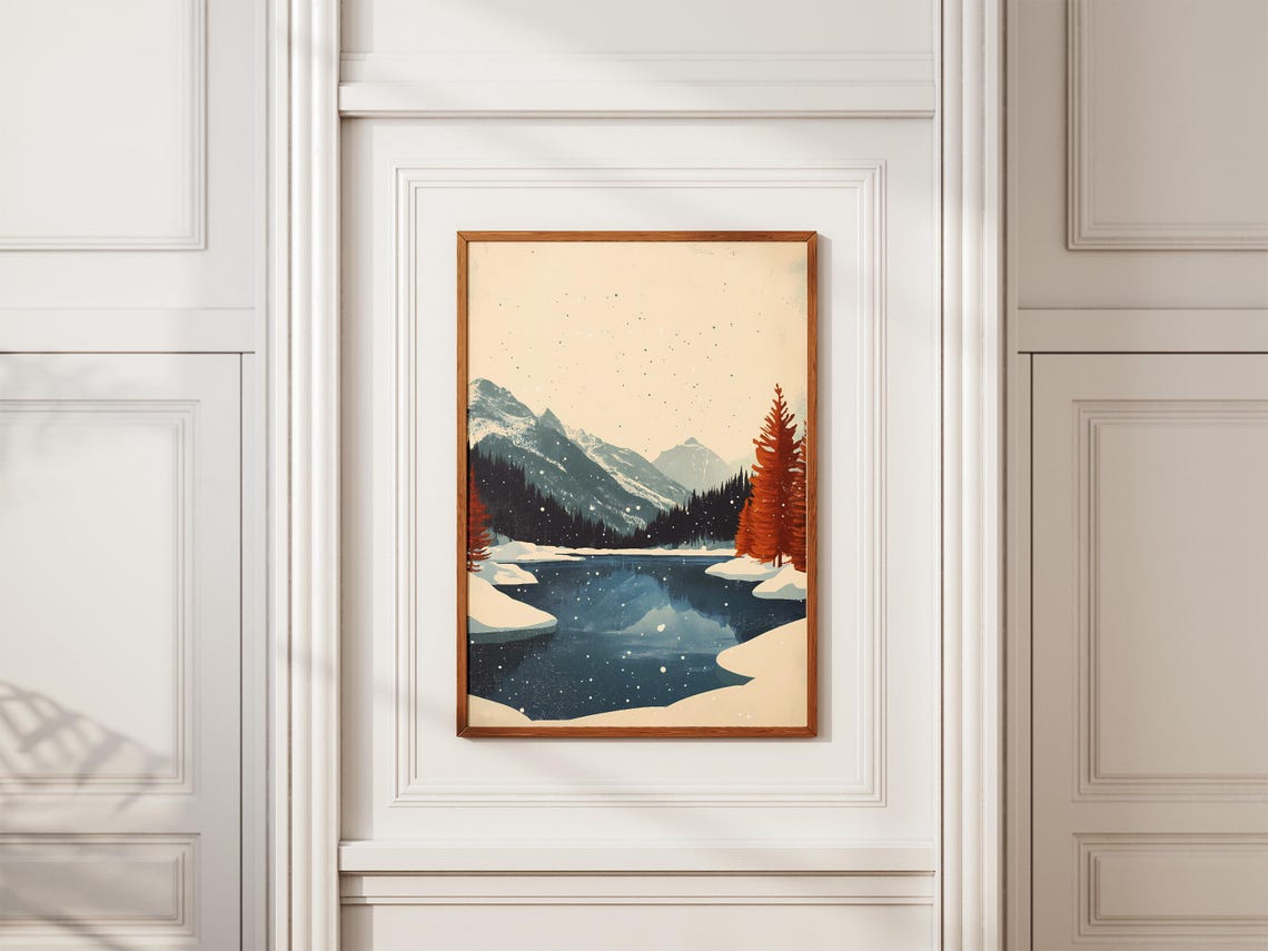Frozen Mountain Lake Vintage Winter Poster Red Pines Mountains - Image 2