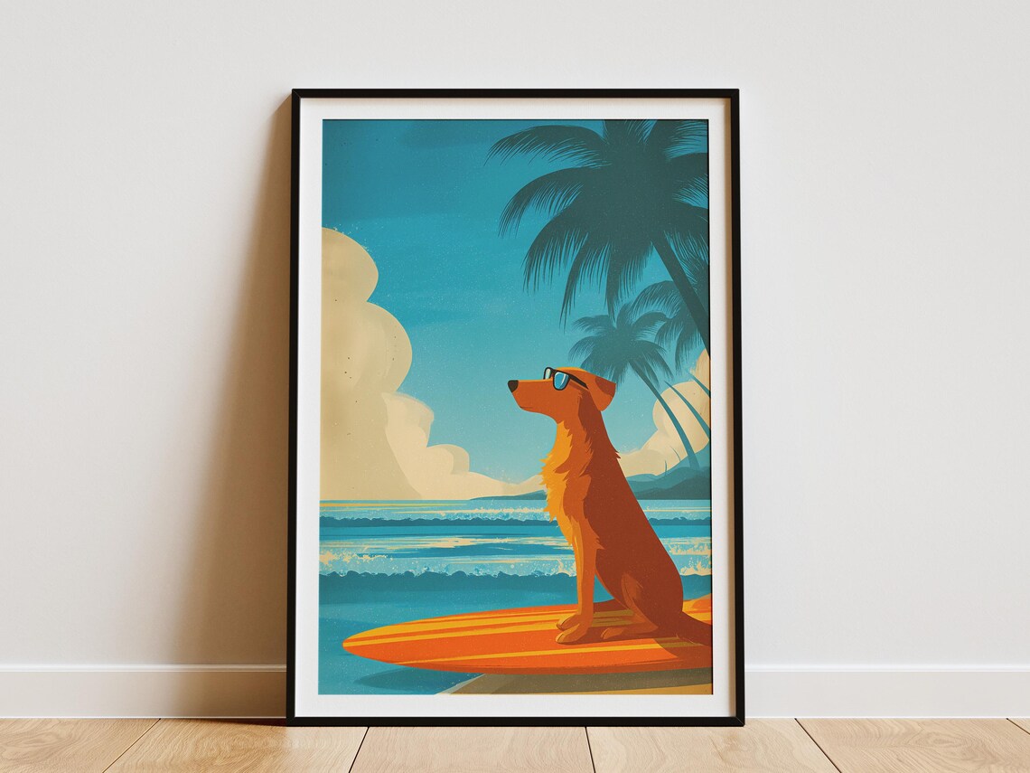 Surfer Dog Sunglasses Orange Surfboard Beach Tropical Art Poster