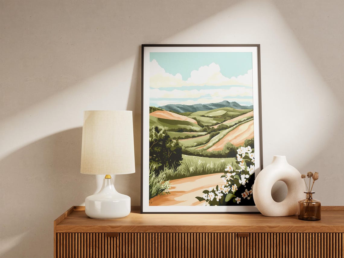 Rolling Tea Plantation Hills With Dirt Road White Blossoms Poster - Image 5