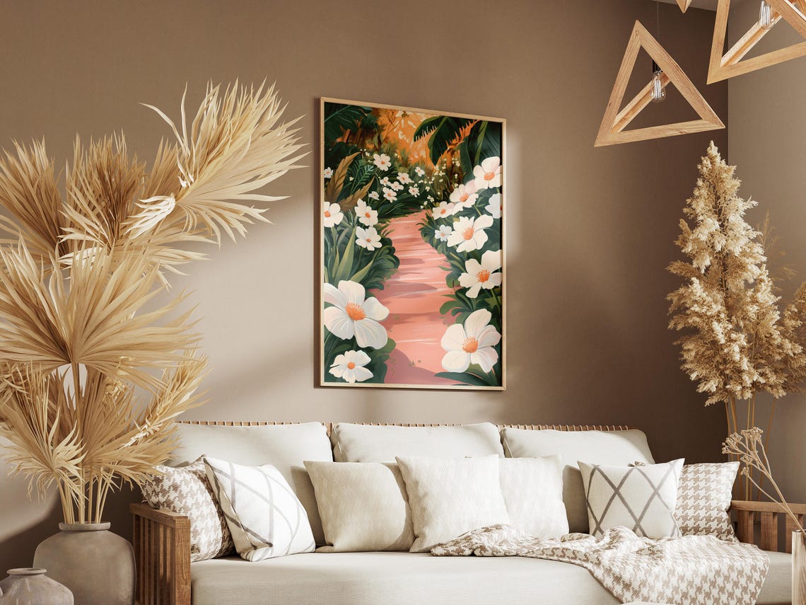 White Anemone Flowers Along a Pink Garden Pathway Art Poster - Image 3