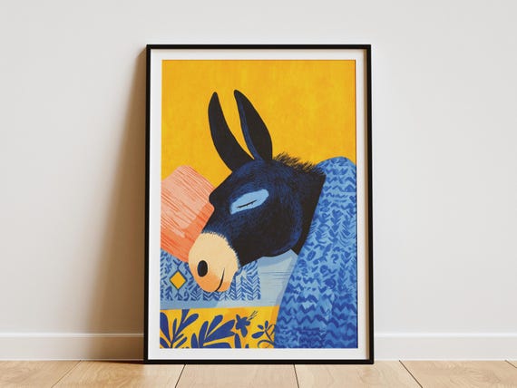 Whimsical Blue Donkey Sleeping In Bed, Matisse Style