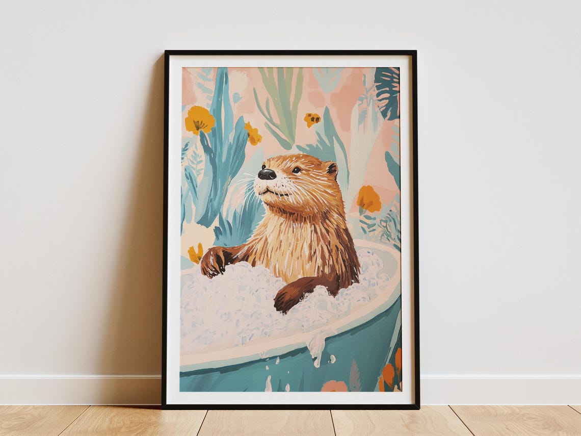 Otter Relaxing in Bubble Bath Floral Teal Tub Bathroom Poster