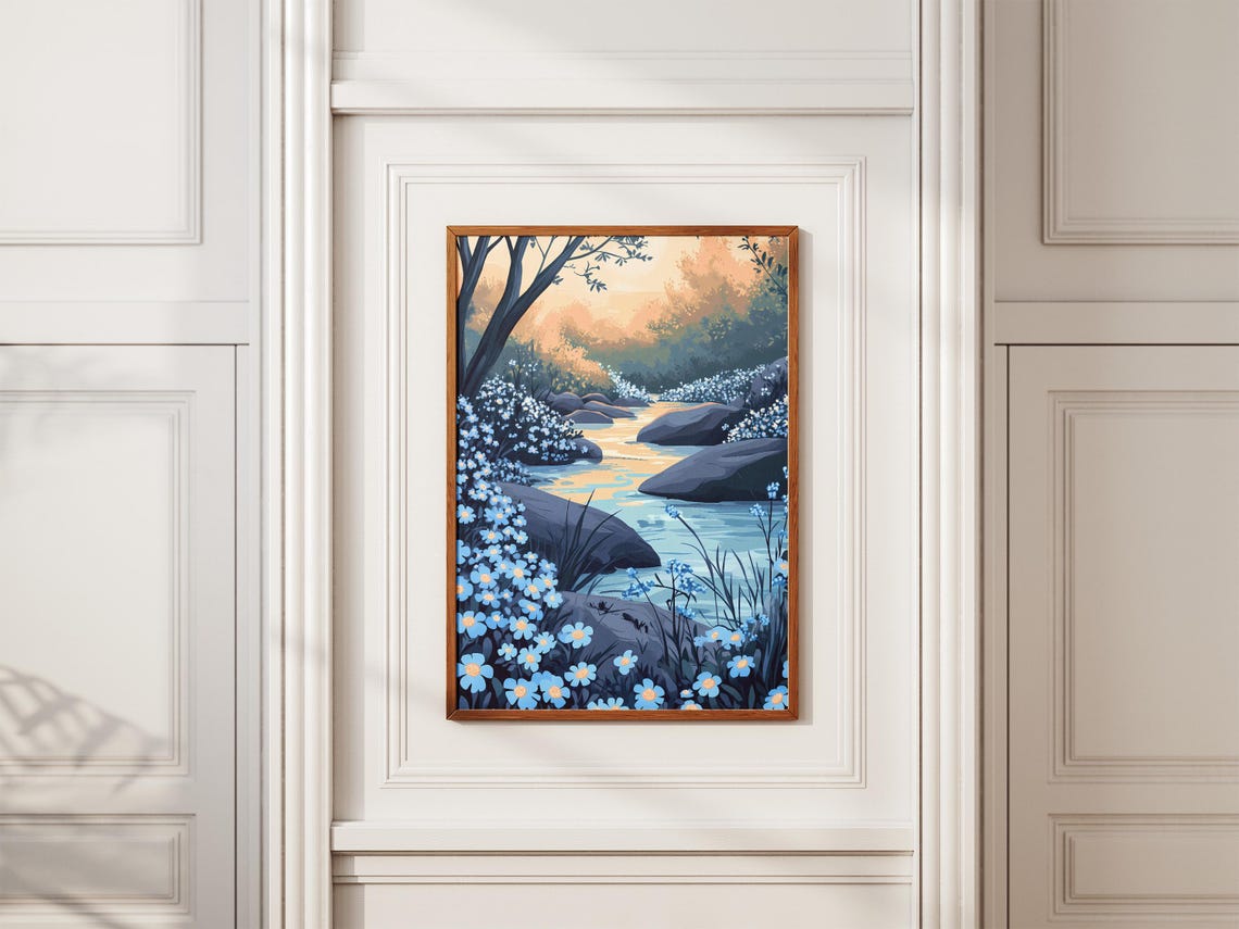 Forget Me Not River Rocks Blue Flowers Twilight Scenic Poster - Image 2