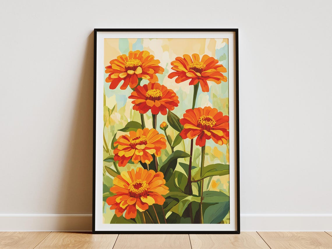 Orange Red Zinnia Cluster Sunlit Painterly Summer Floral Poster