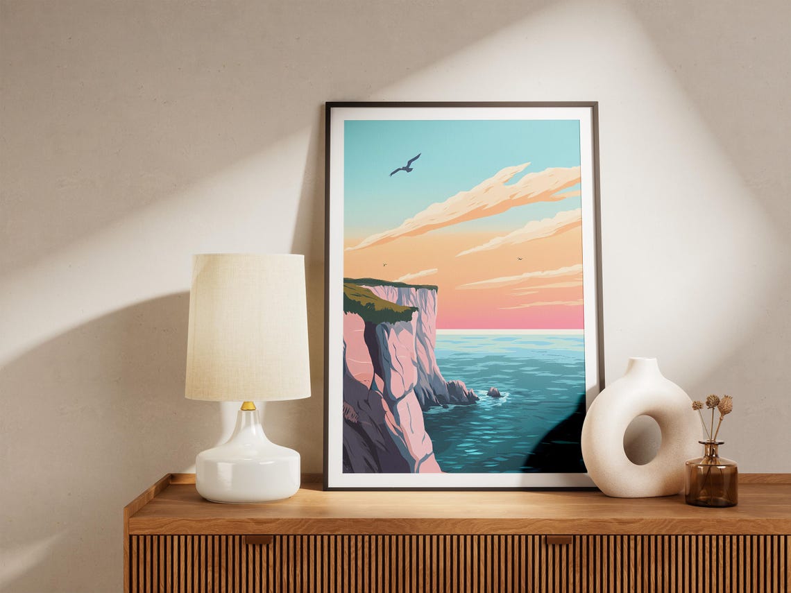Pale Pink Cliffs Overlooking a Bright Turquoise Sea at Sunset Poster - Image 5