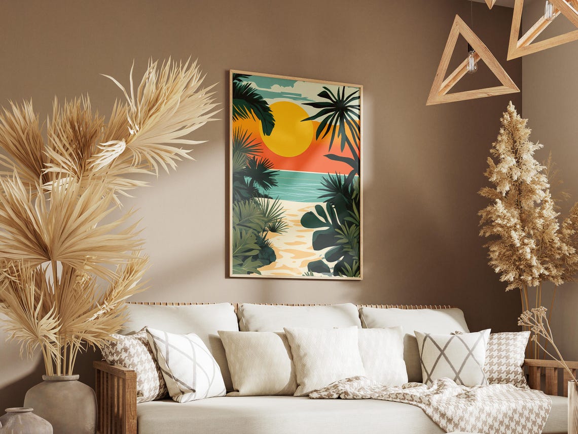 Tropical Beach Sunset Framed By Palm Leaves Vintage Art Poster - Image 3