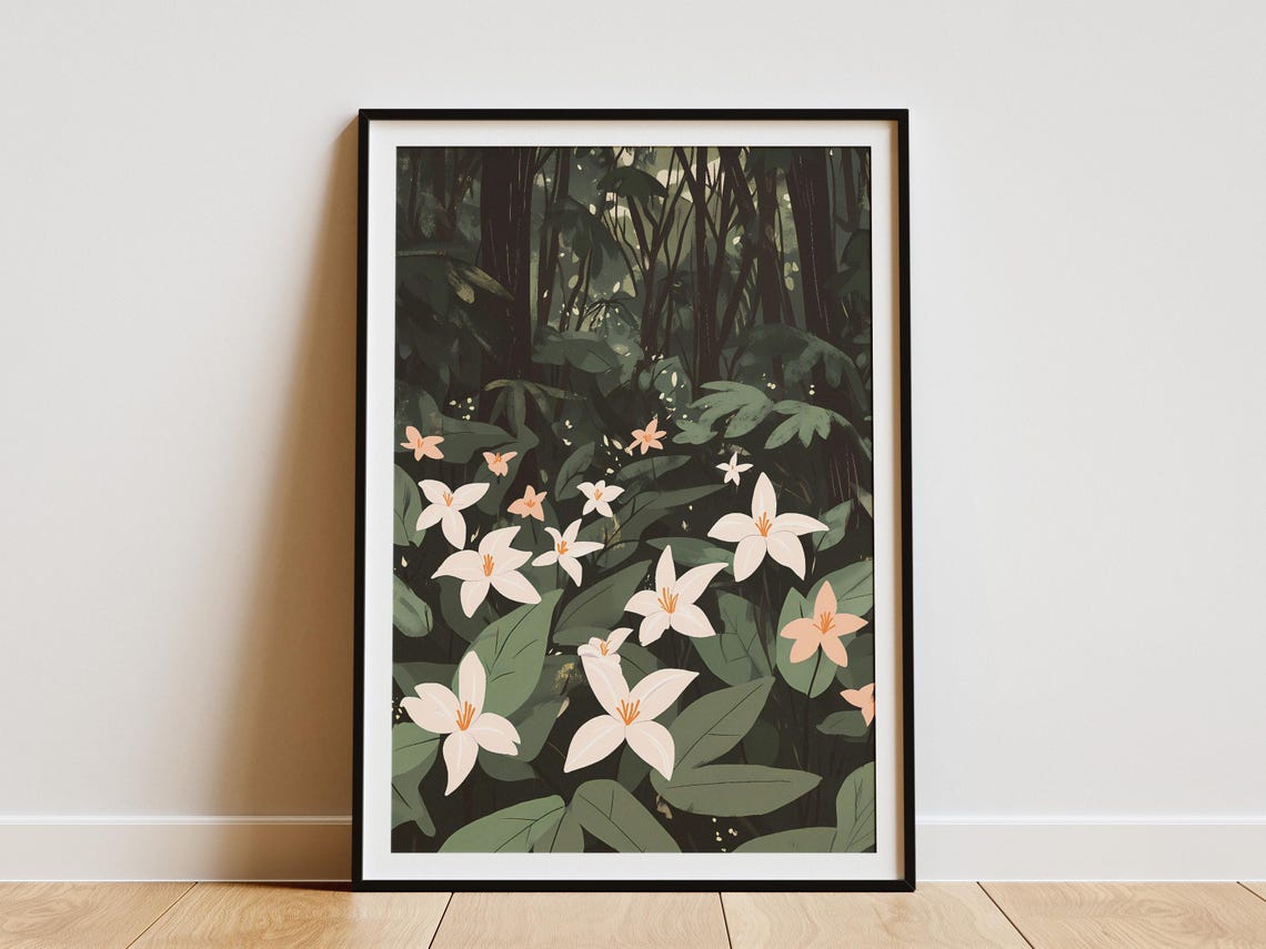 White Trilliums Dark Forest Glade Moody Botanical Flower Poster