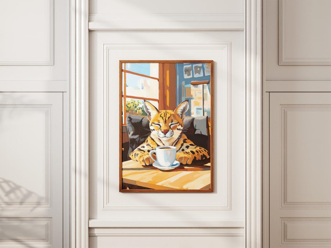 Ocelot Enjoying Coffee at a Sunny Cafe Window Artwork Poster - Image 2