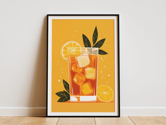 Iced Tea With Lemon Poster Print Summer Drink Art Orange And Yellow Wall Decor Kitchen Beverage Food Illustration