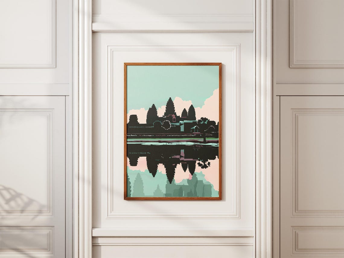 Angkor Wat Temple Water Reflection Teal Cambodia Travel Art Poster - Image 2
