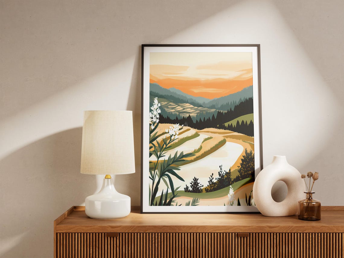 Golden Sunset Rice Terraces Hills White Blossoms Scenic Poster - Image 5