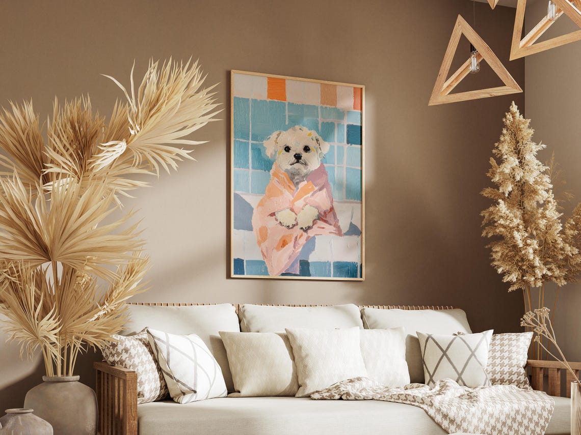 Small White Dog Wrapped In Pink Towel Poster Cute Pet Bathroom Art - Image 3