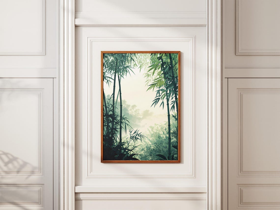 Misty Green Bamboo Forest Calm Zen Botanical Illustration Art Poster - Image 2