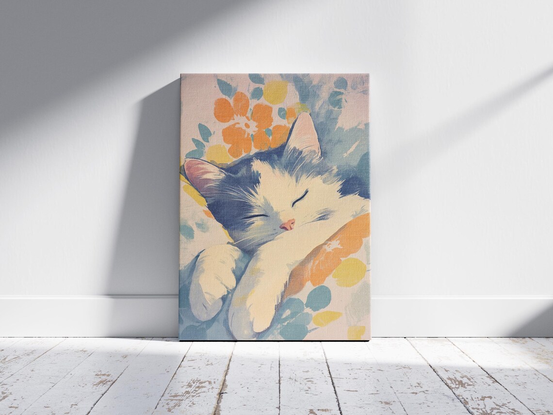 Sleeping Grey Cat Resting in a Colorful Floral Bed Matisse Inspired Poster - Image 2