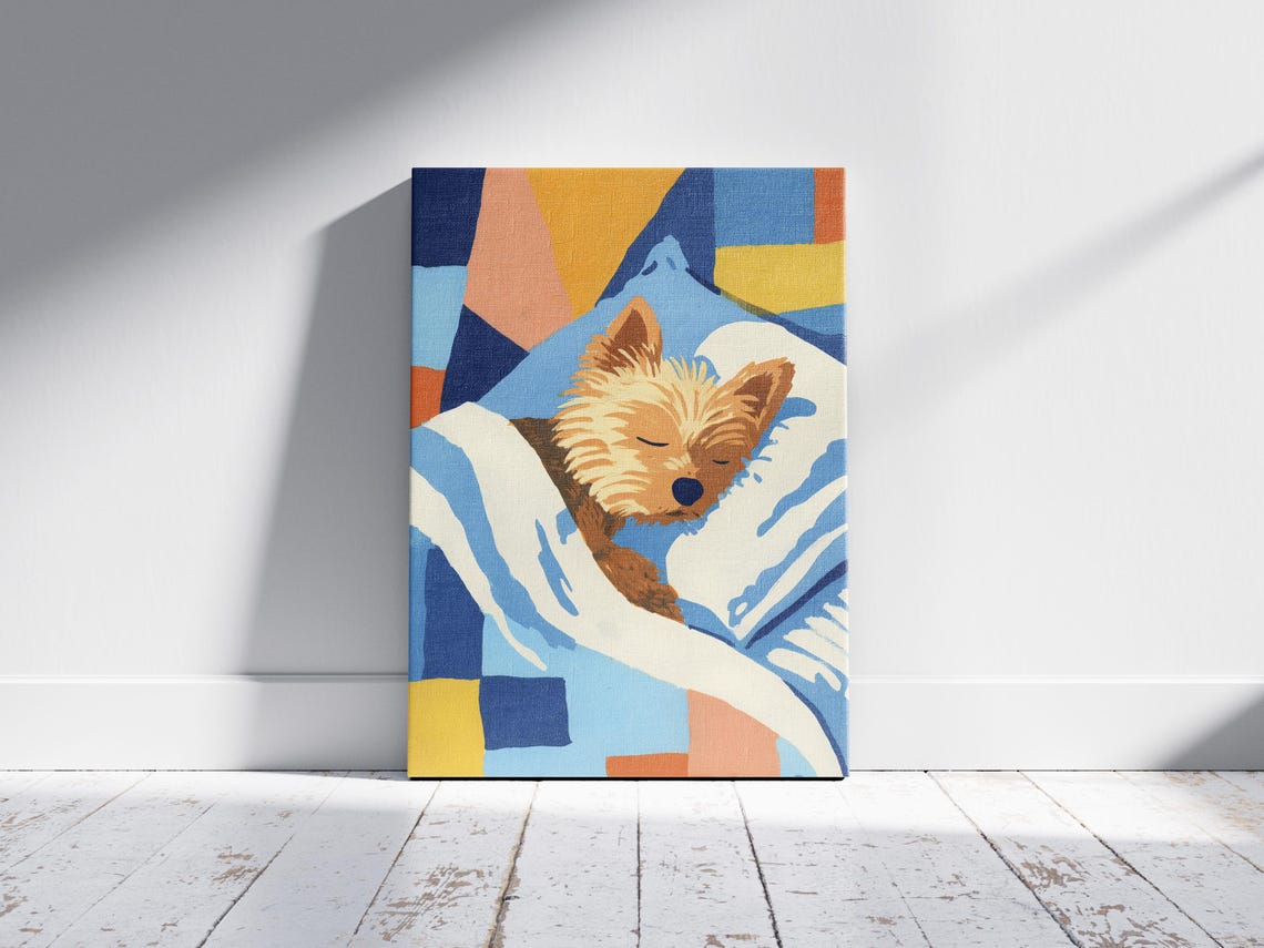Yorkshire Terrier Puppy Sleeping on Blue Bed Geometric Art Poster - Image 2