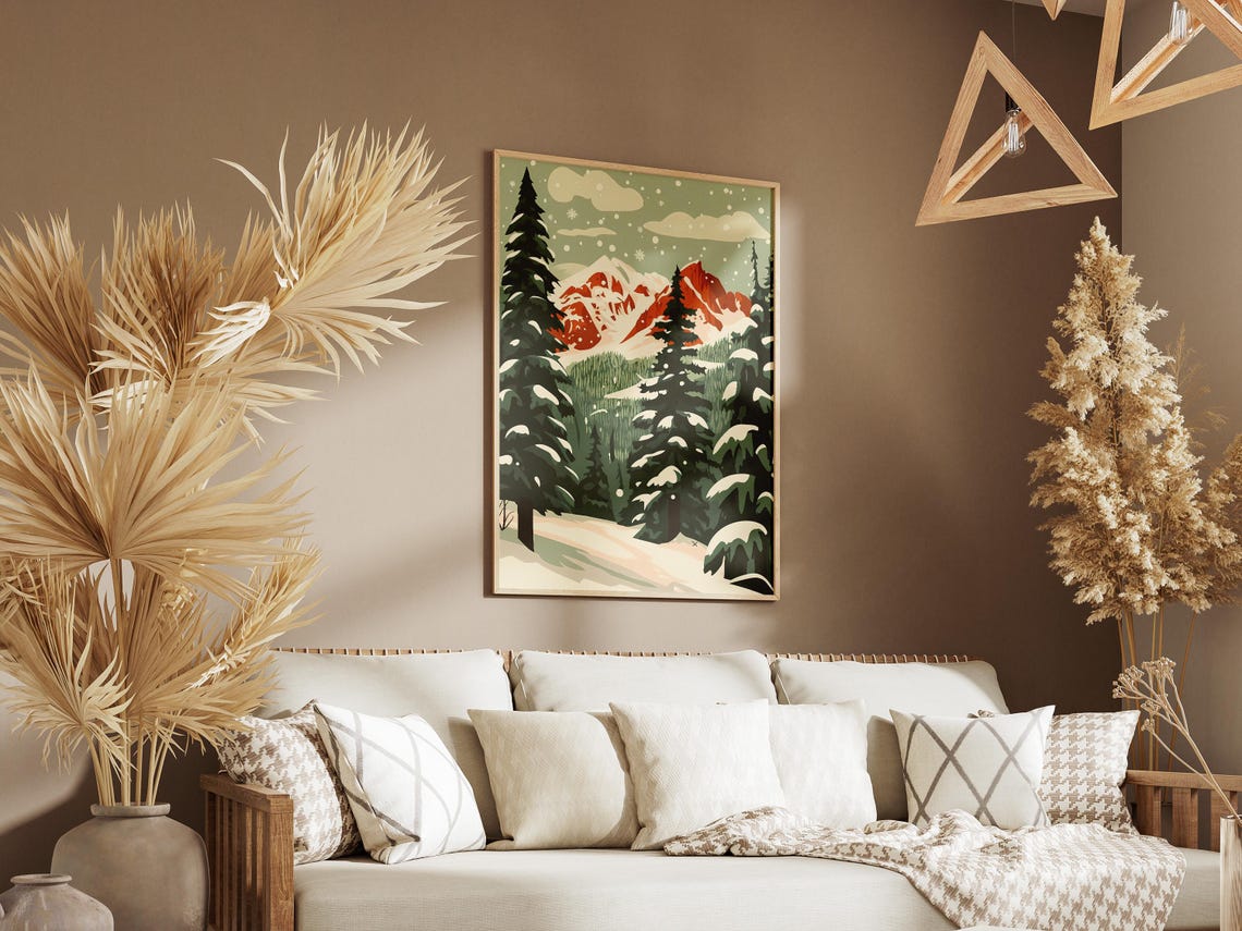 Snowy Pine Forest Framing Red Sunset Peaks Winter Holiday Poster - Image 3