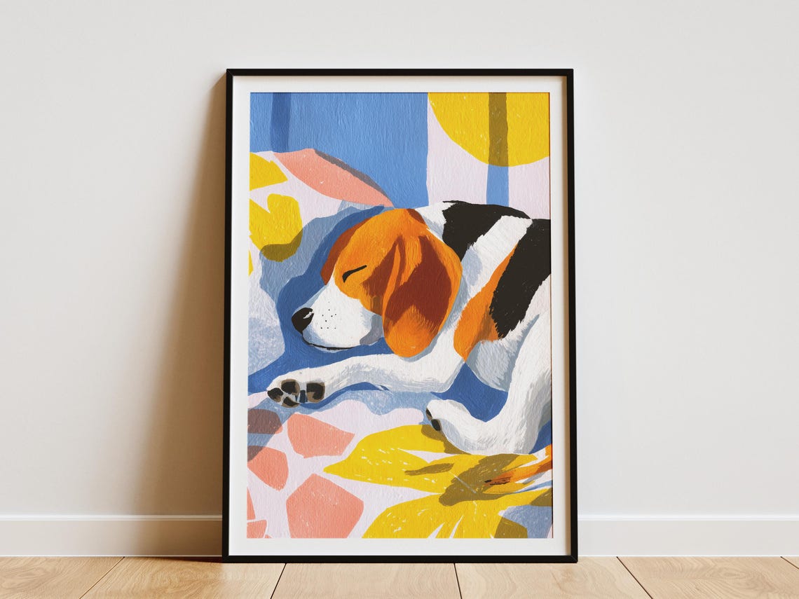 Beagle Sleeping Matisse Style Gouache Painting Colorful Dog Poster