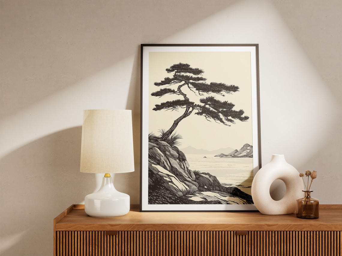 Japanese Coastal Pine Tree Cliff Ink Seascape Illustration Poster - Image 5