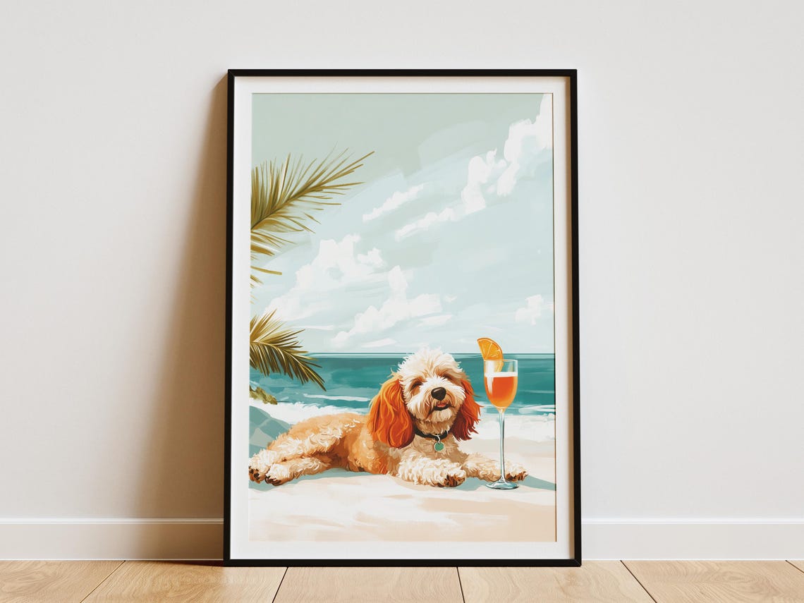 Cockapoo Dog Lounging on the Beach With a Spritz Cocktail Poster