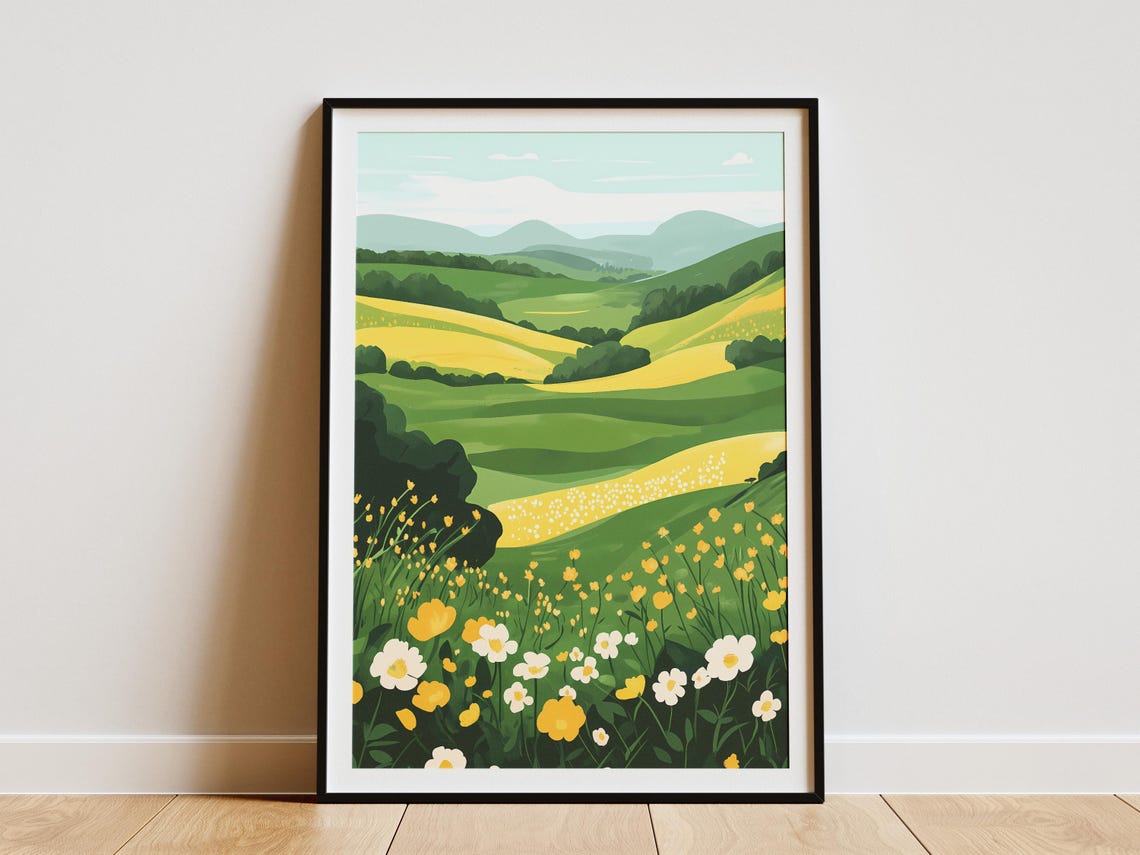Buttercup Meadow On Rolling Green Hills Spring Scenic Poster