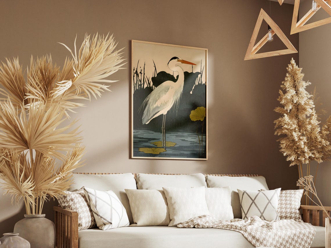 Elegant White Heron Among Lilies Japanese Woodblock Style Poster - Image 3