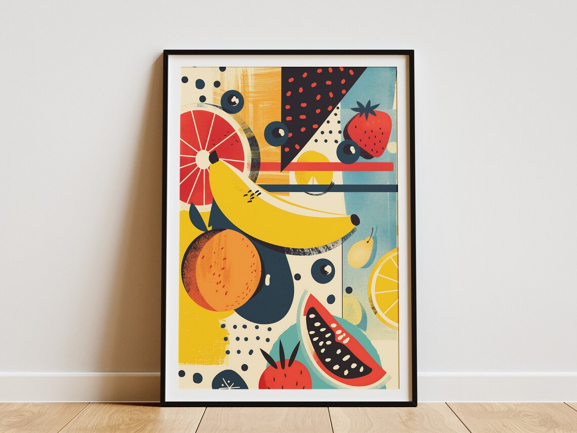 Retro Pop Art Fruit Collage Banana Strawberry Kitchen Decor Poster