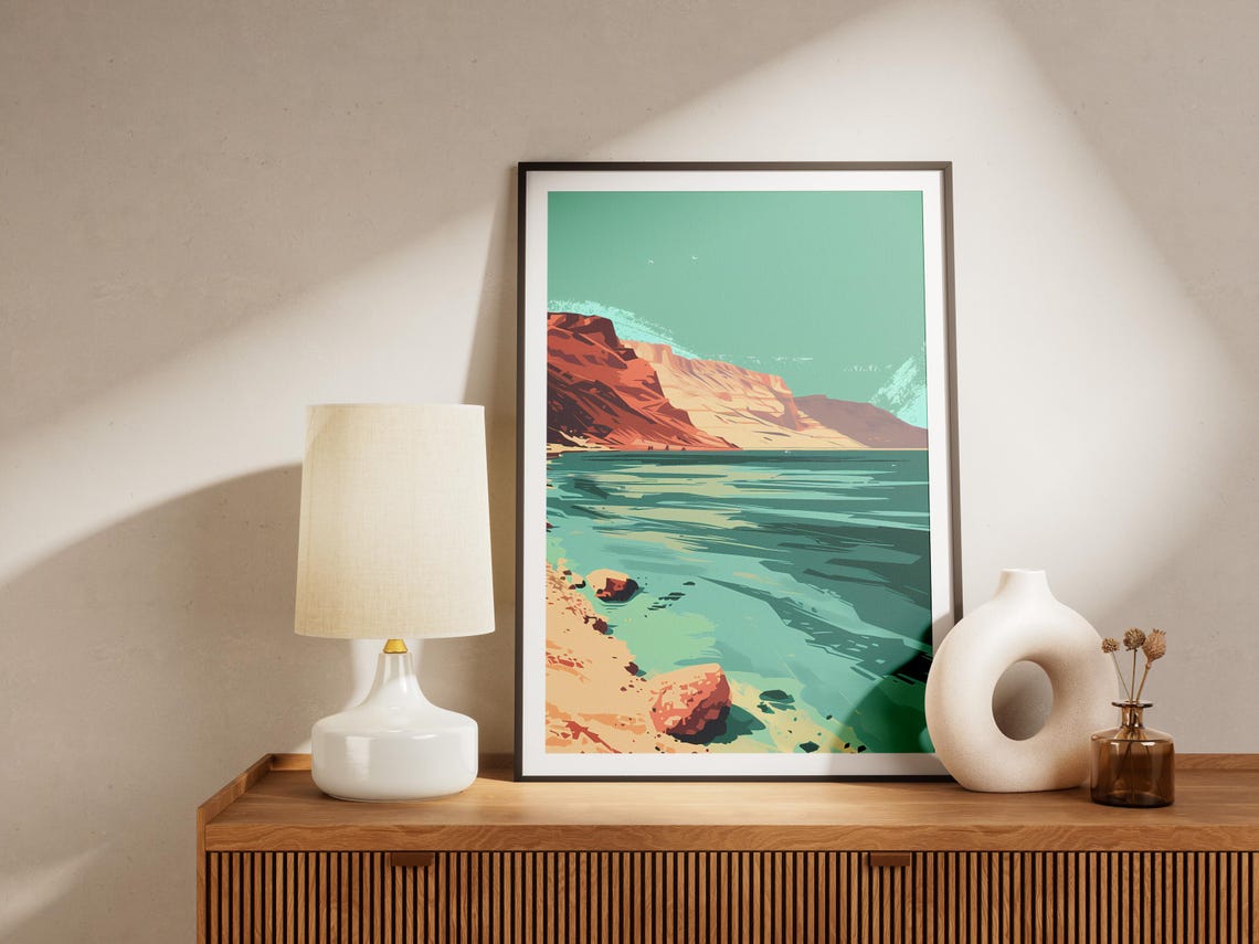Dead Sea Jordan Turquoise Water Red Cliffs Shore Travel Poster - Image 2